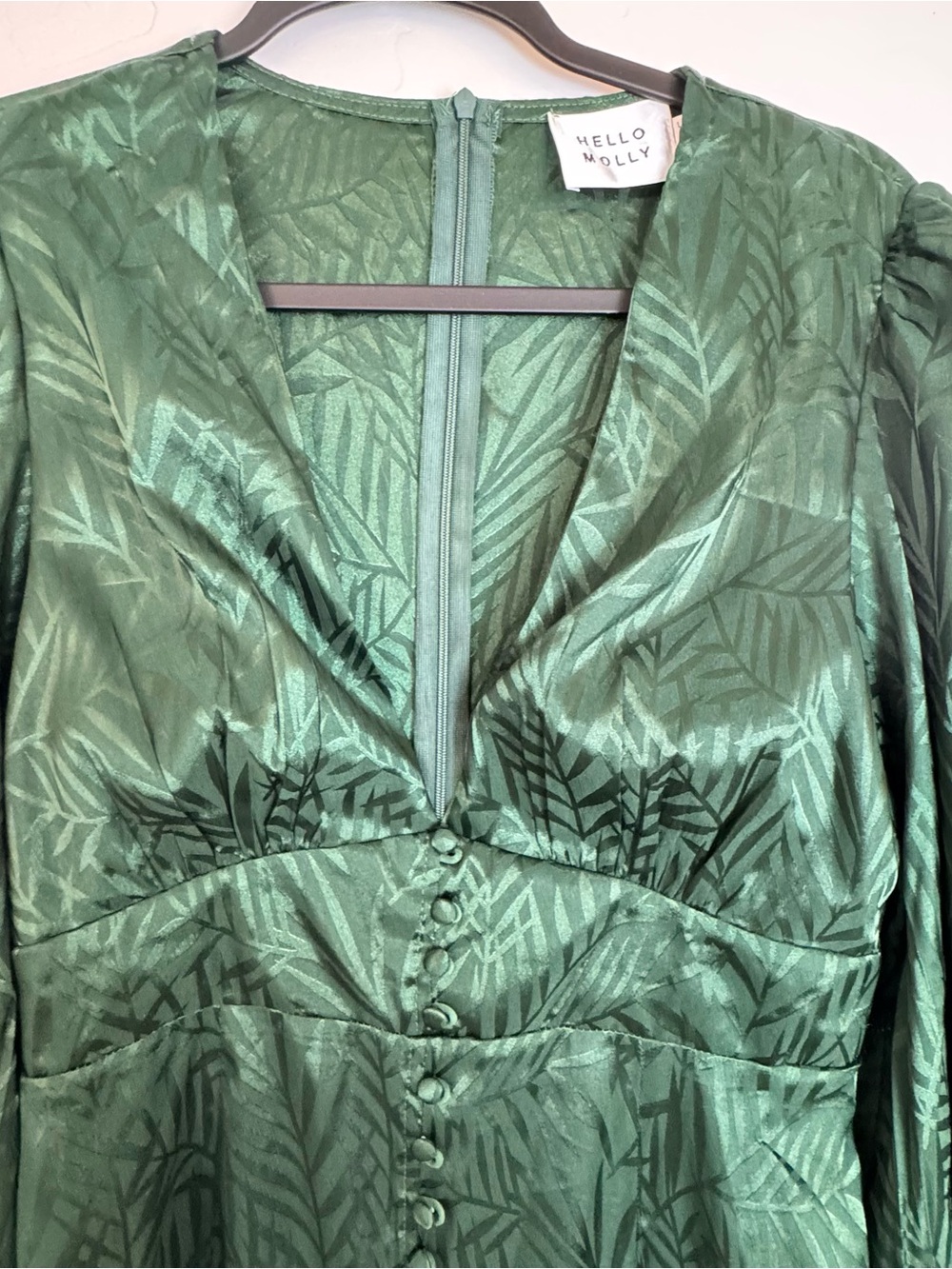 Hello Molly Heart Eyes Emerald Green Satin Palm Print Long Sleeve Mini Dress 12 - Picture 8 of 16